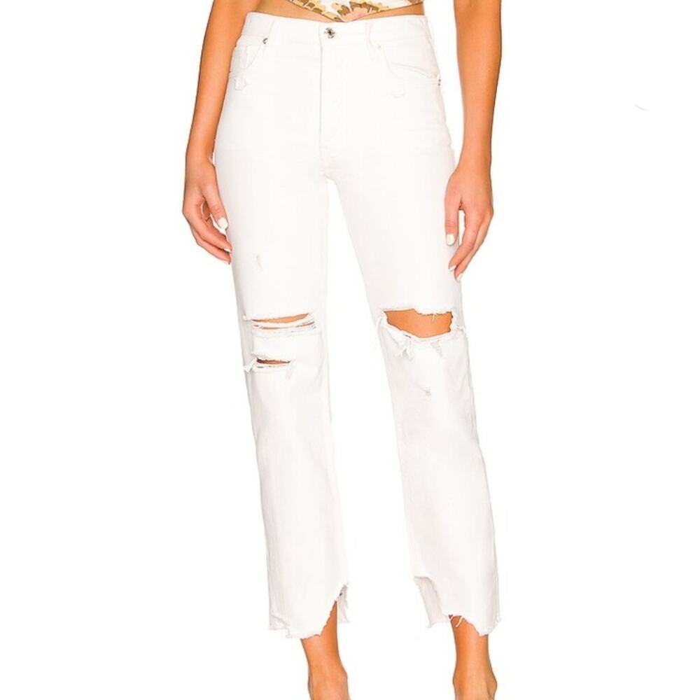 Free People Tapered Baggy Boyfriend Jeans White Distressed Straight Leg Size 26